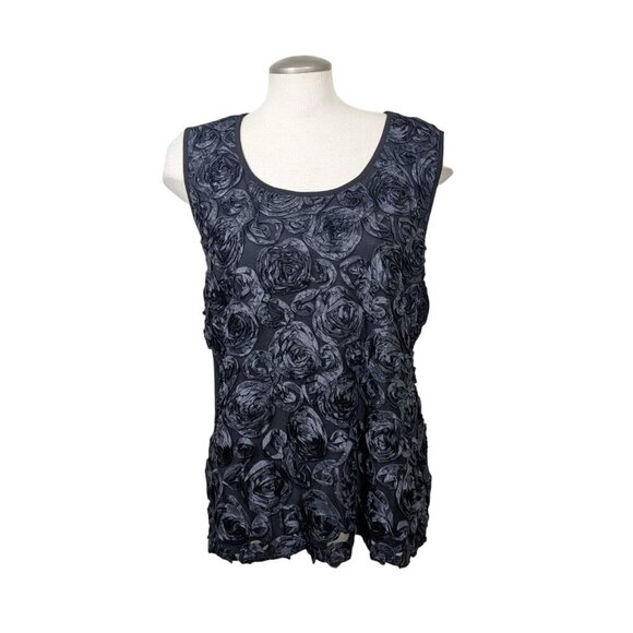 Womens XL Top Blouse Black Sheer 3D Floral Rosette Overlay Front Sleeveless - Picture 1 of 5